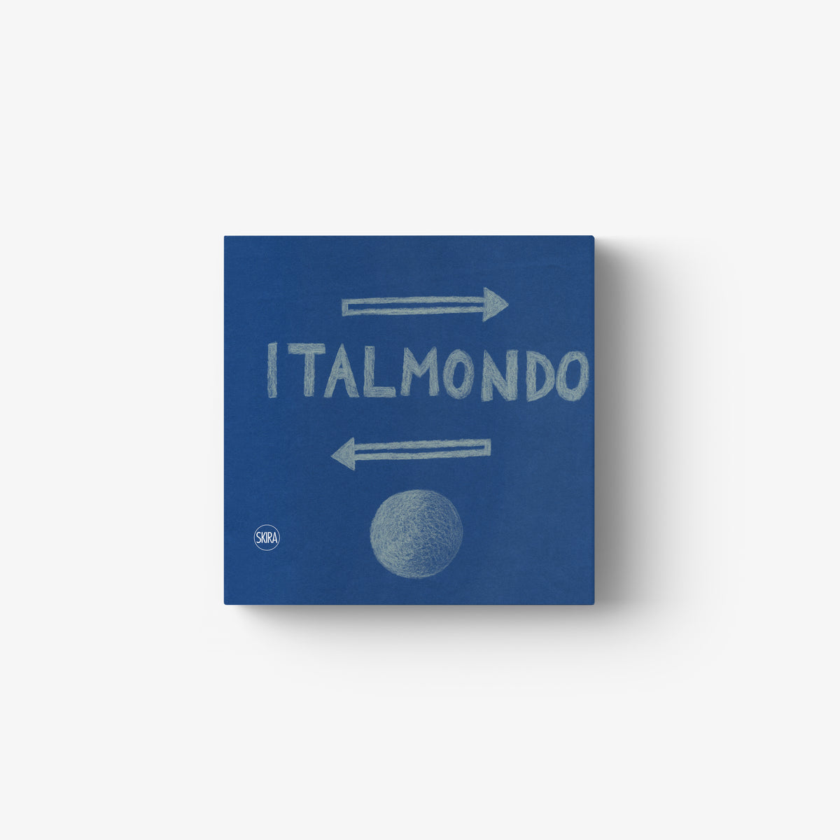 Blue book cover with ITALMONDO text, arrows, and a globe graphic