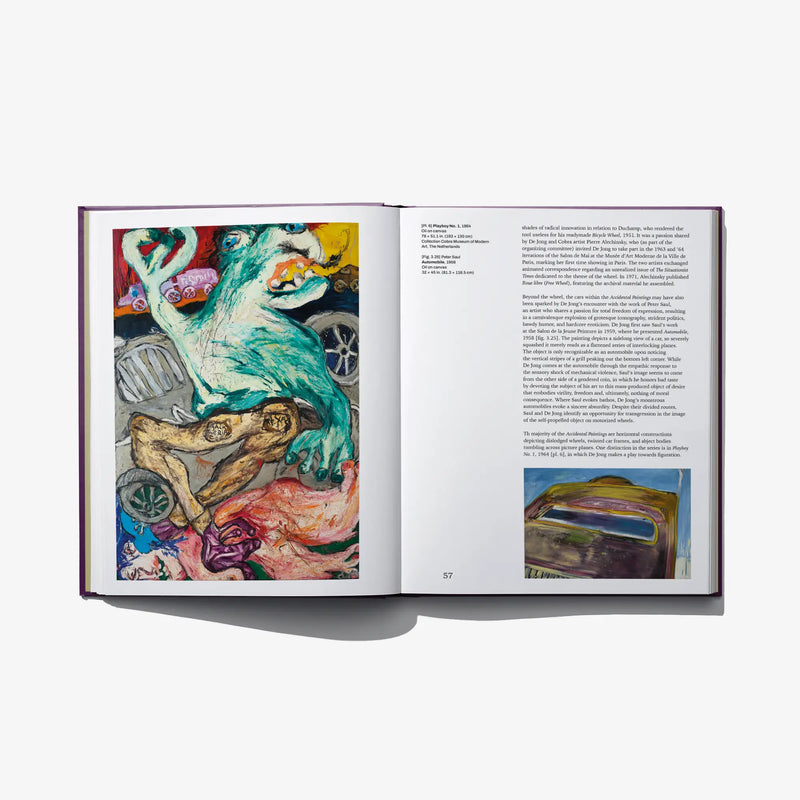 Hardcover art book open spread with blue-green animal-themed illustration left and text right.