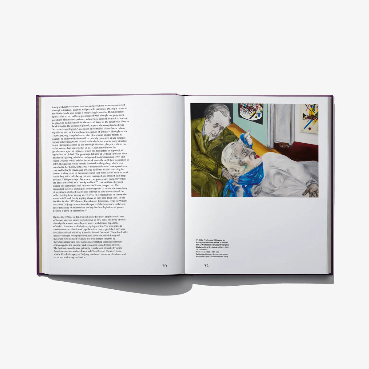 Hardcover art book open spread with two pages: paragraphs left and portrait artwork right.