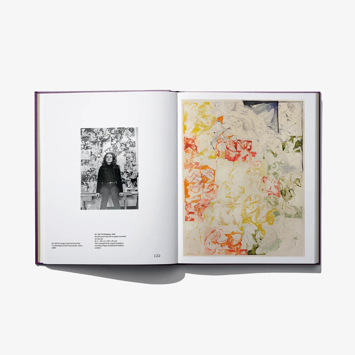 Hardcover art book open spread with black-and-white photo left and yellow abstract artwork right.