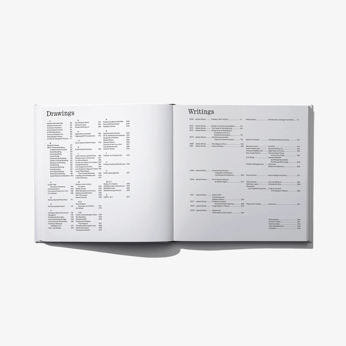 Open book spread showing 'Drawings' and 'Writings' lists on white pages