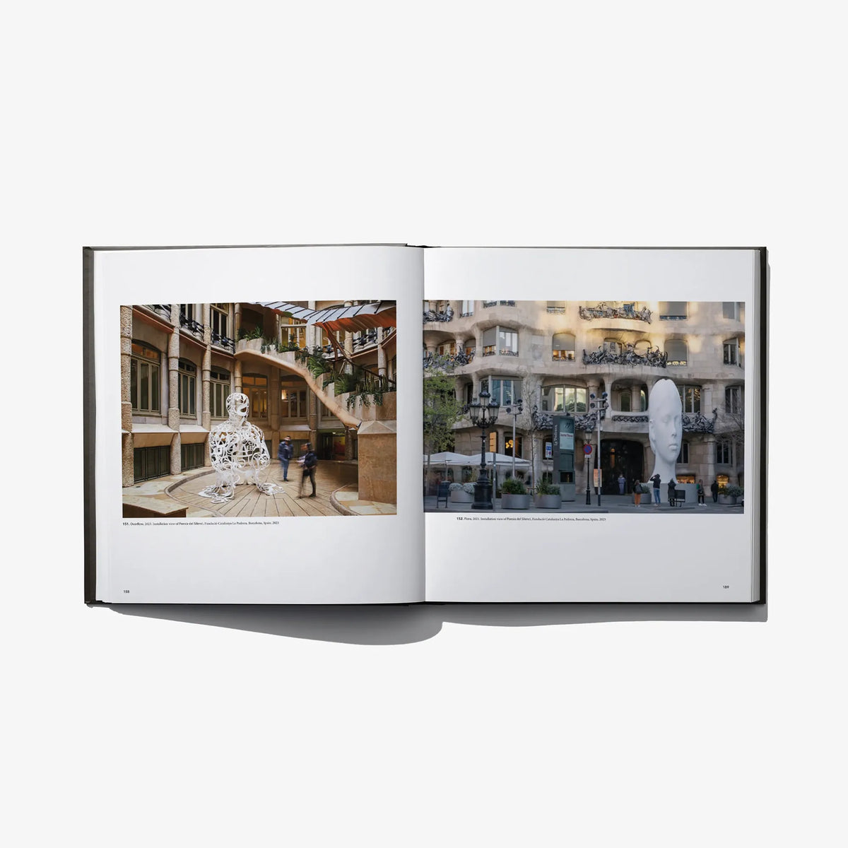 Open art book showing two photo prints of sculptures and city scenes.