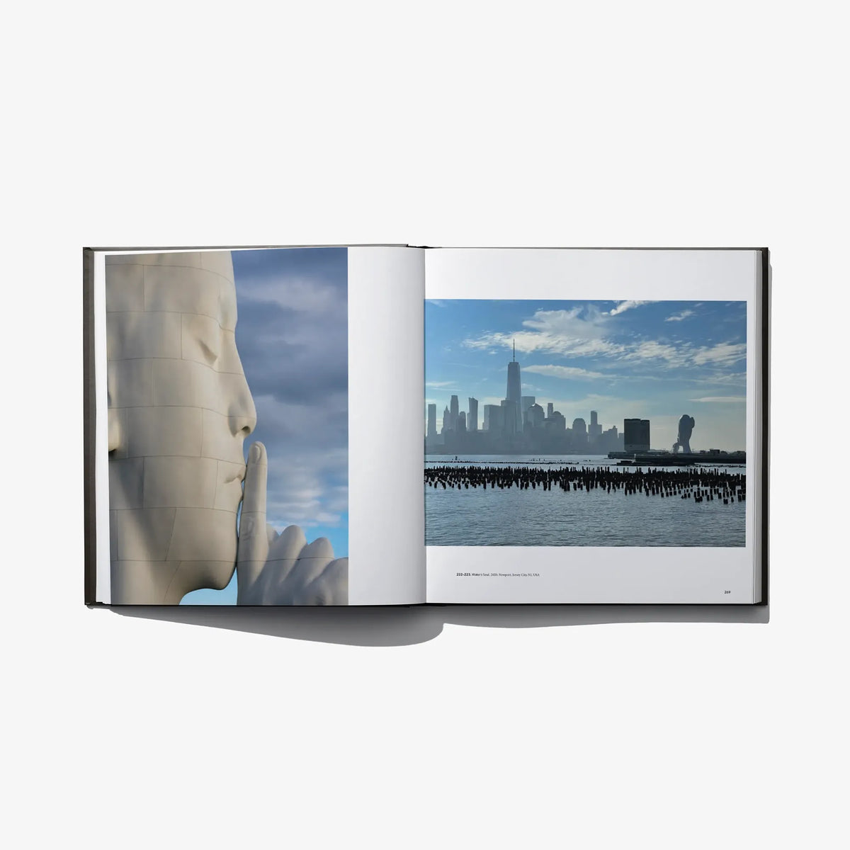 Open art book spread with close-up sculpture and a city skyline over waterfront.