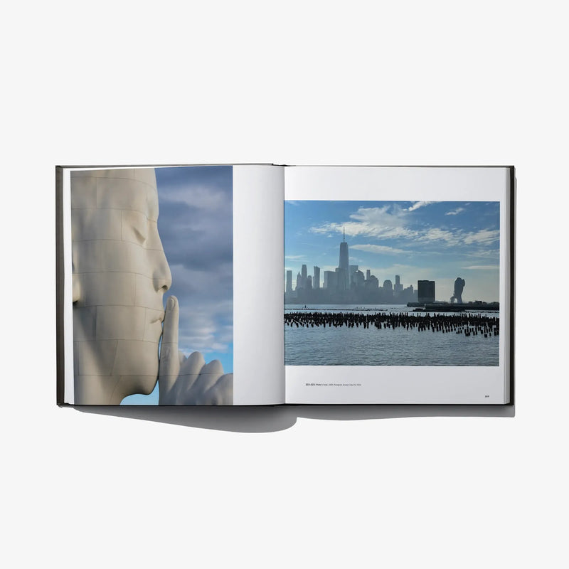 Open art book spread with close-up sculpture and a city skyline over waterfront.