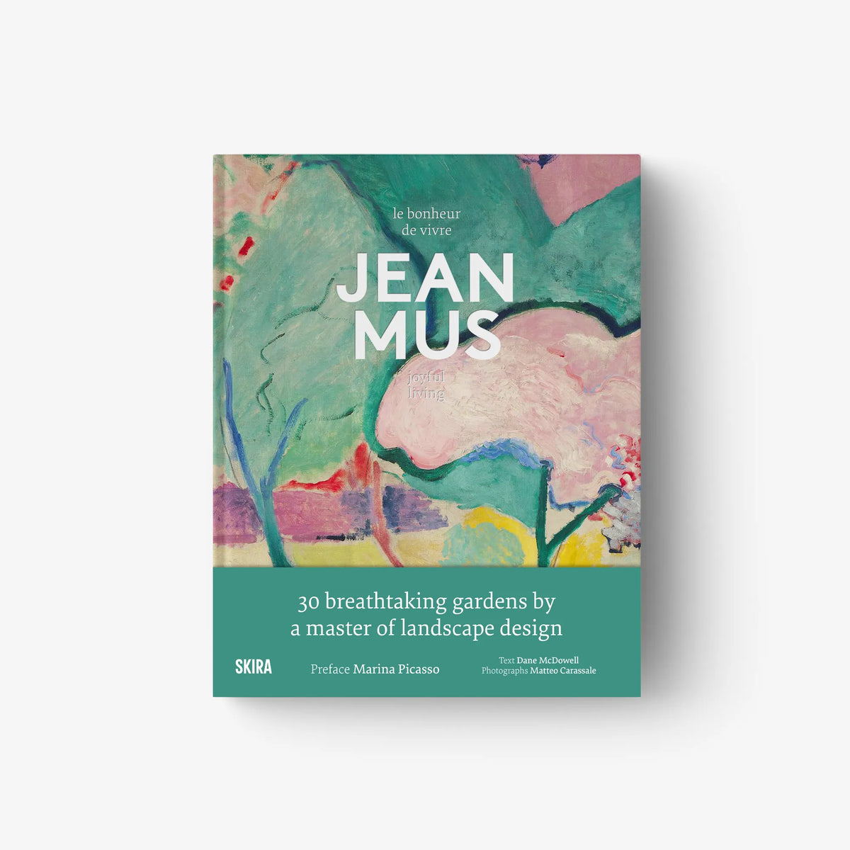 Landscape design hardcover book, back cover with abstract art and white description text