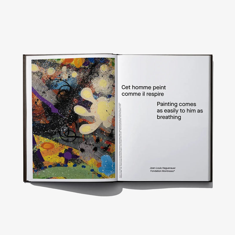 Open art book spread with colorful abstract painting on left and text on right