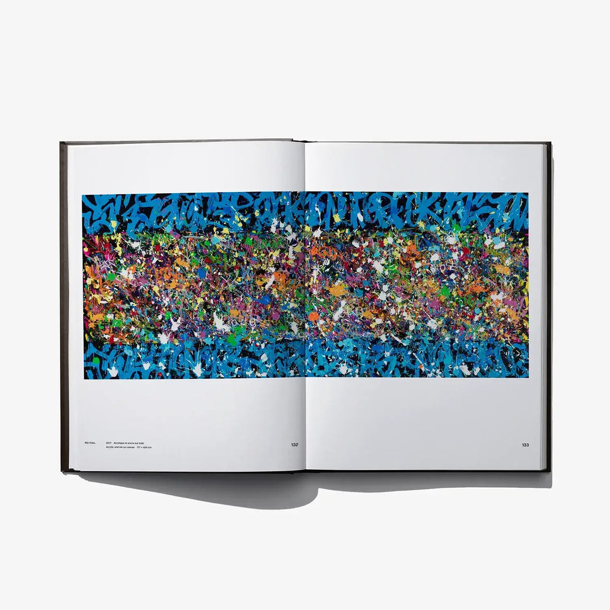Open art book spread with wide blue colorful abstract graffiti-style artwork