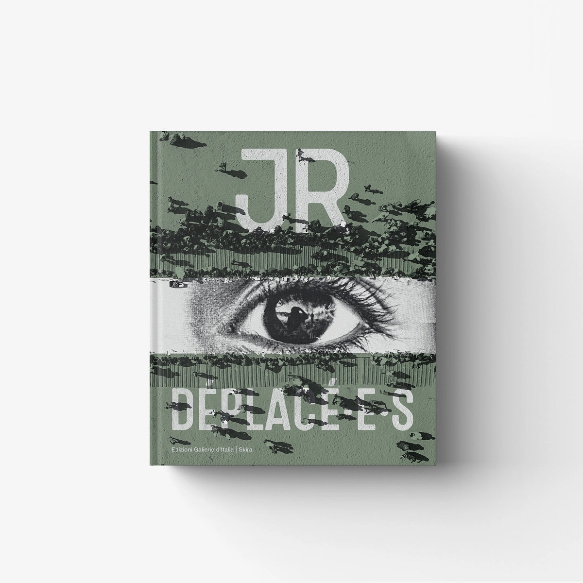 Contemporary art book by Skira Arte with green cover and crowd silhouettes, JR Deplacé-e-s edition for exhibition in Turin