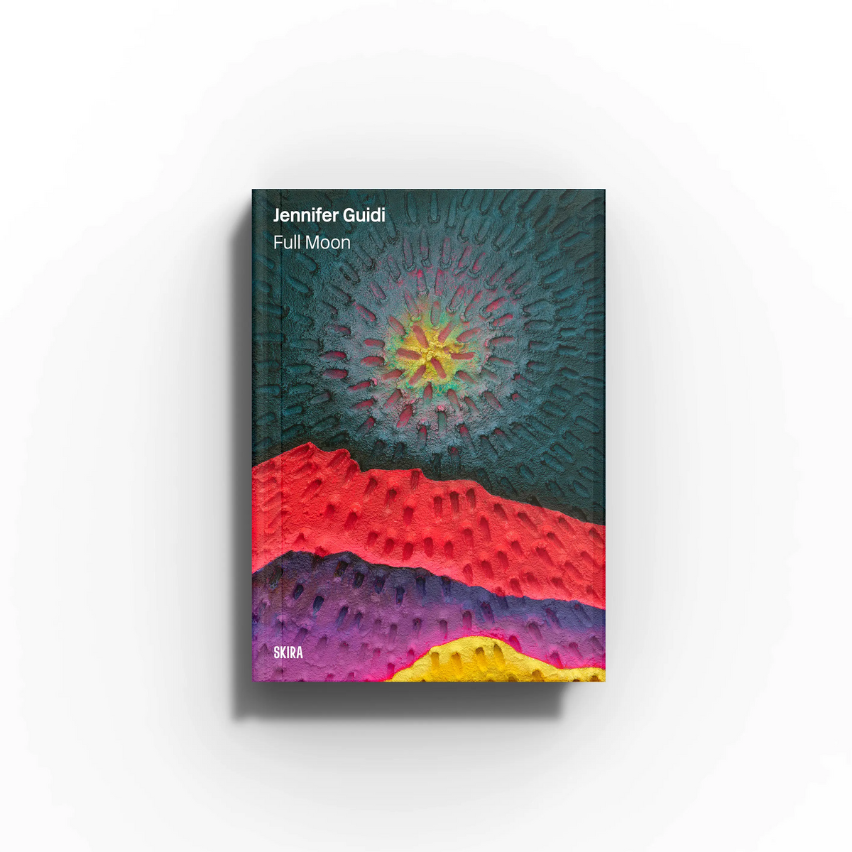 Contemporary art monograph by Skira Arte, Jennifer Guidi Full Moon, teal textured cover with symmetry and geometry focus
