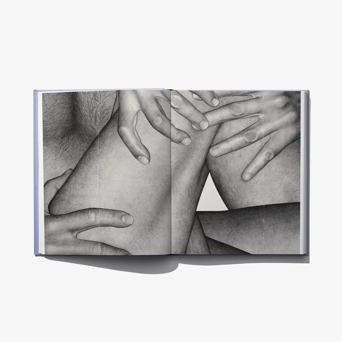Open art book spread showing black-and-white torso and interlaced hands