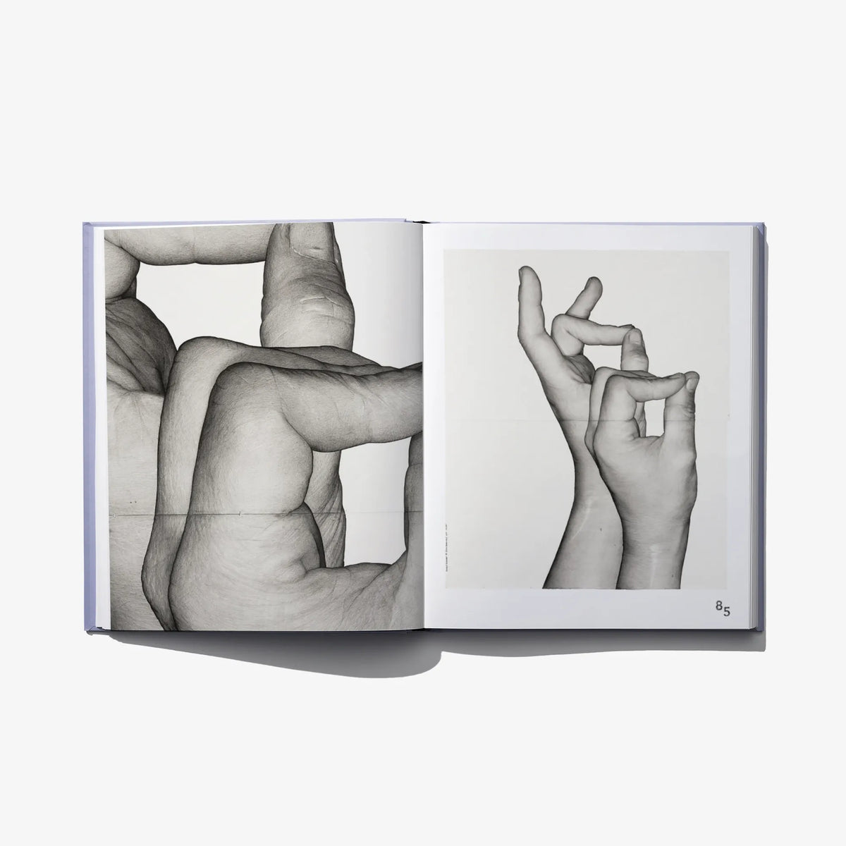 Open art book spread showing black-and-white hands and legs figure study
