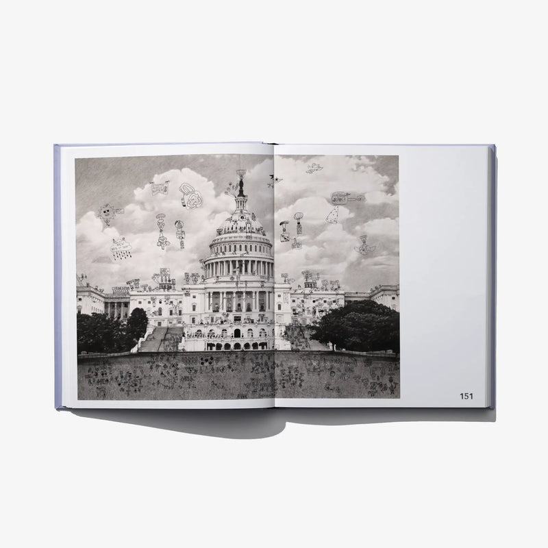 Open art book spread showing black-and-white capitol building with flags