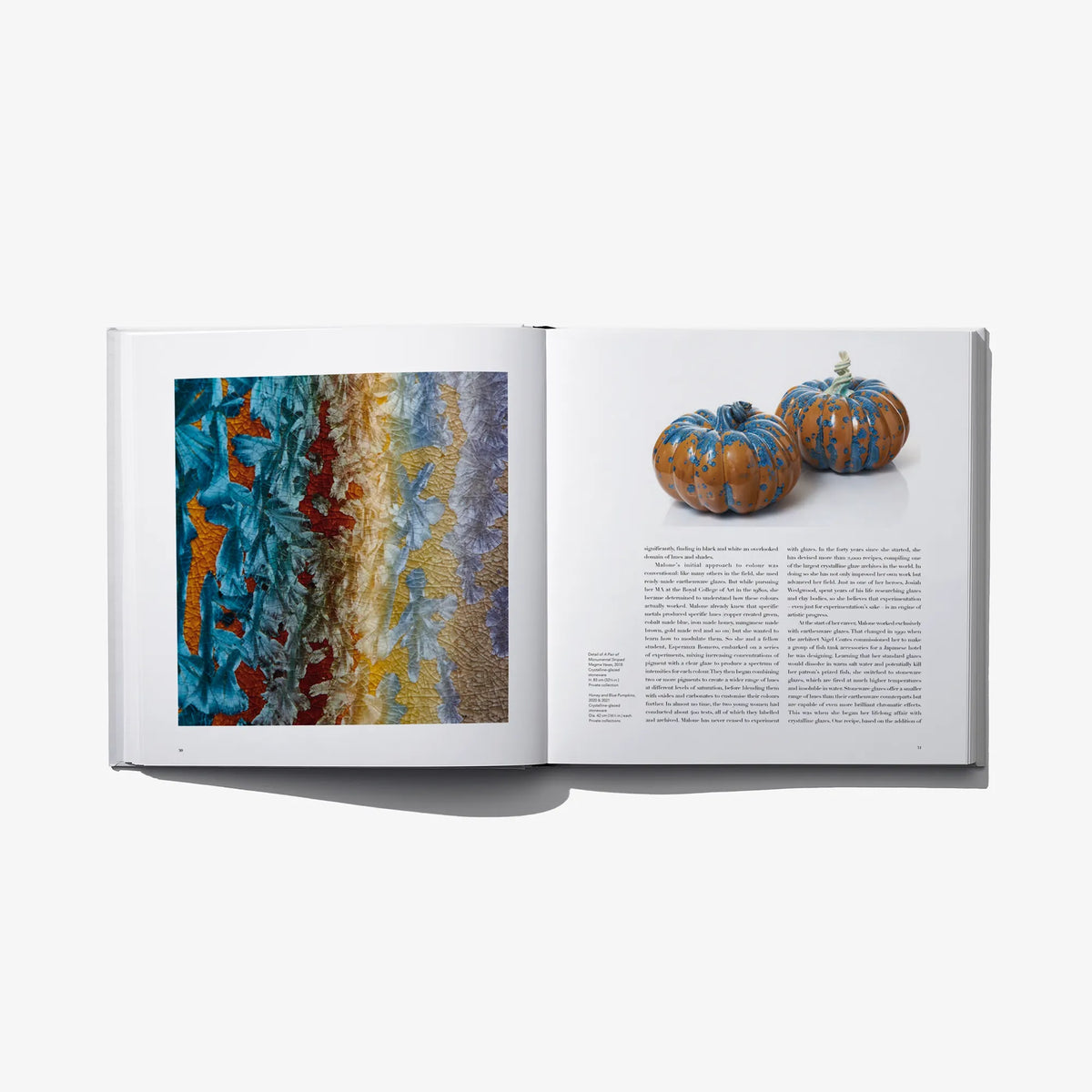 Open art book spread with abstract blue artwork and orange pumpkins