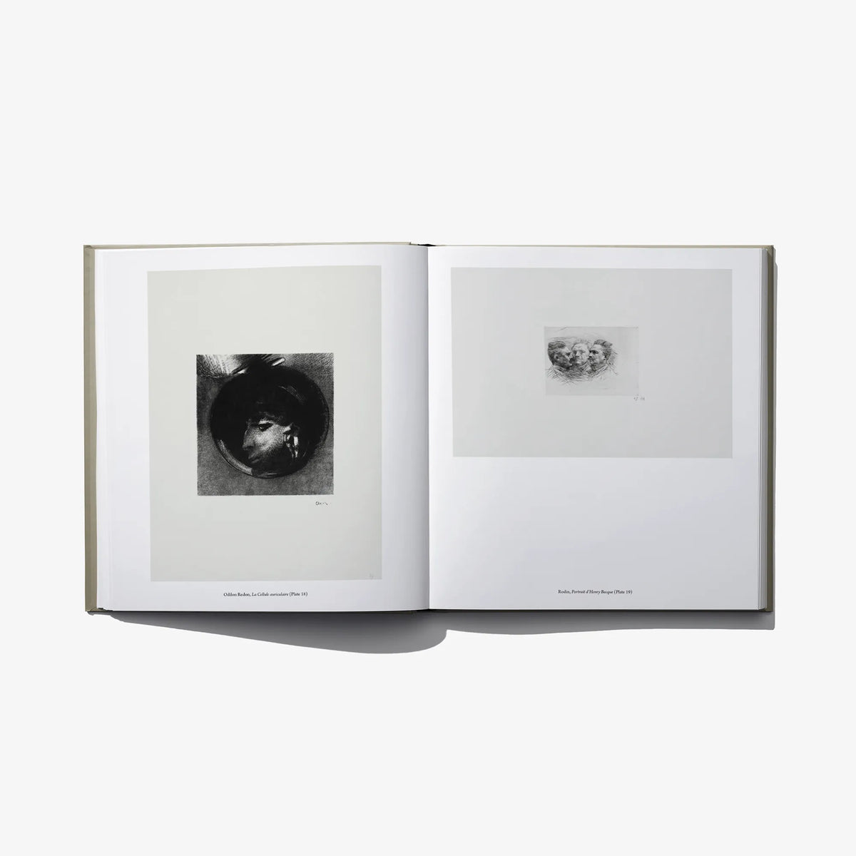 Open hardcover book with monochrome eye print on left and small sketch on right