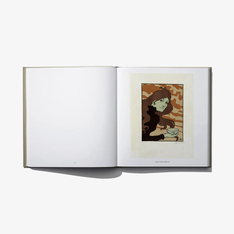 Open hardcover book with blank left page and colored portrait print on right