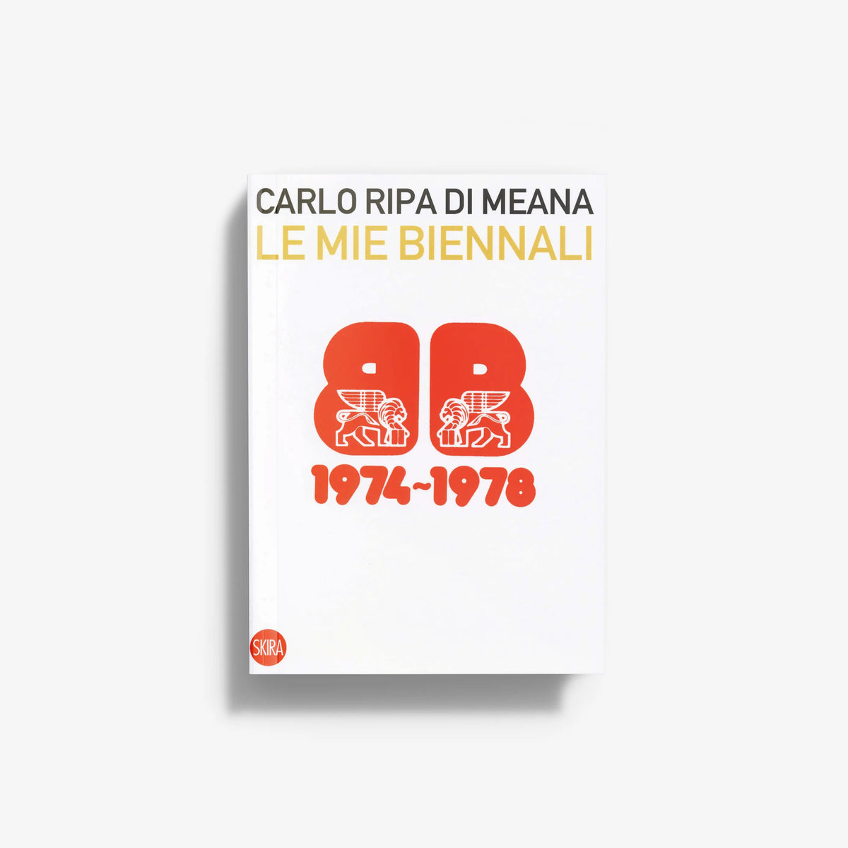 Art book by Skira Arte with white cover, red figures and 1974-1978 Biennale Venice images by Lorenzo Capellini