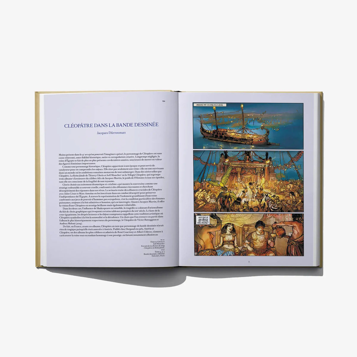 Open art book spread with three colorful historical paintings and captions