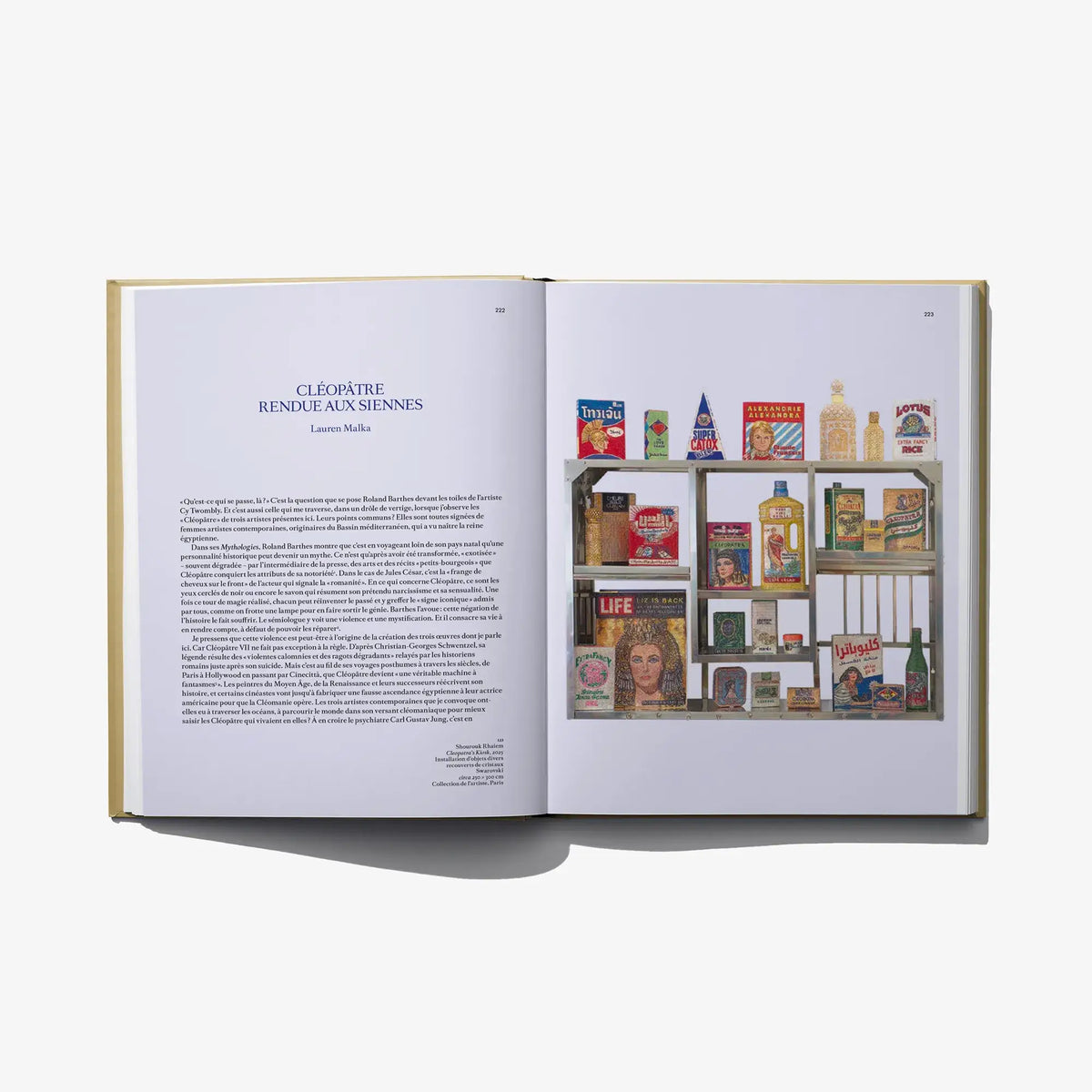 Open art book spread with a collage of colorful illustrated book covers