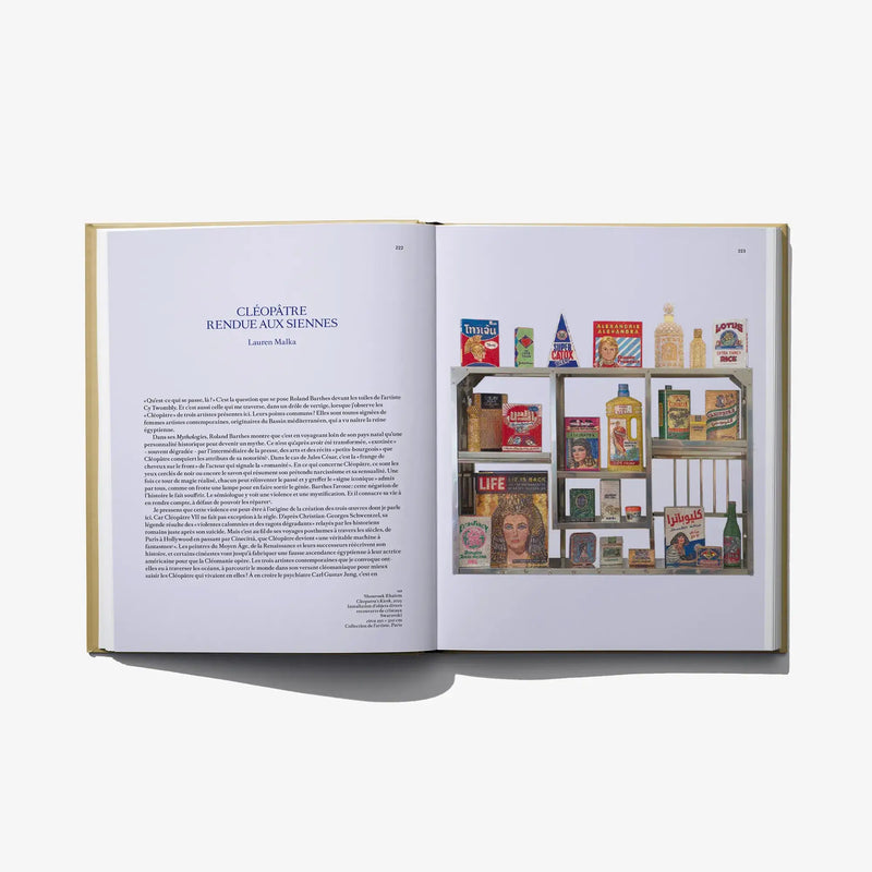 Open art book spread with a collage of colorful illustrated book covers