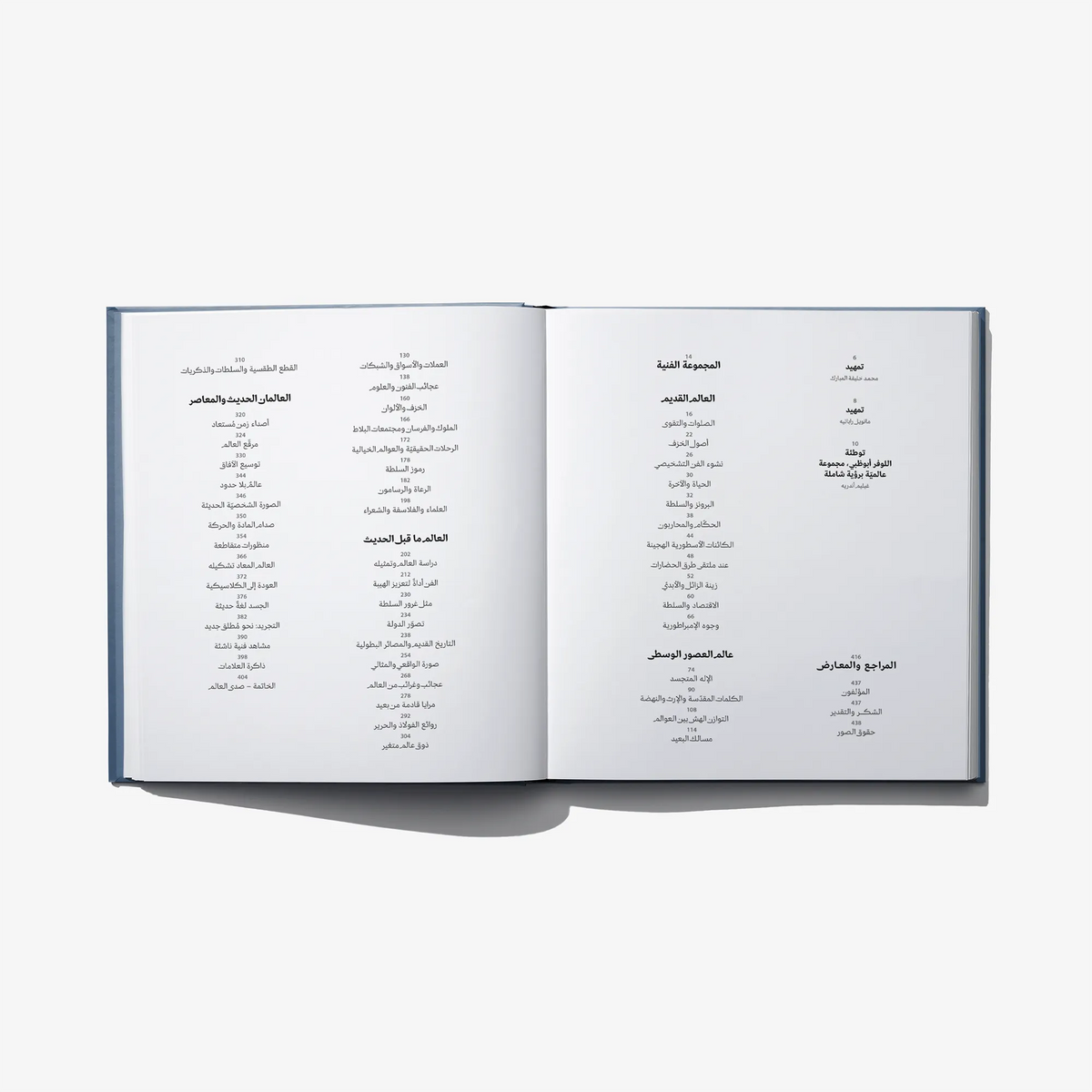 Open art book spread with Arabic contents lists on both pages