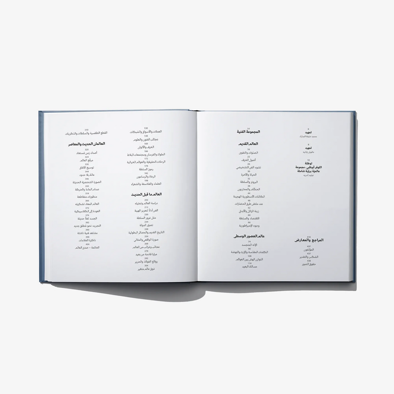 Open art book spread with Arabic contents lists on both pages