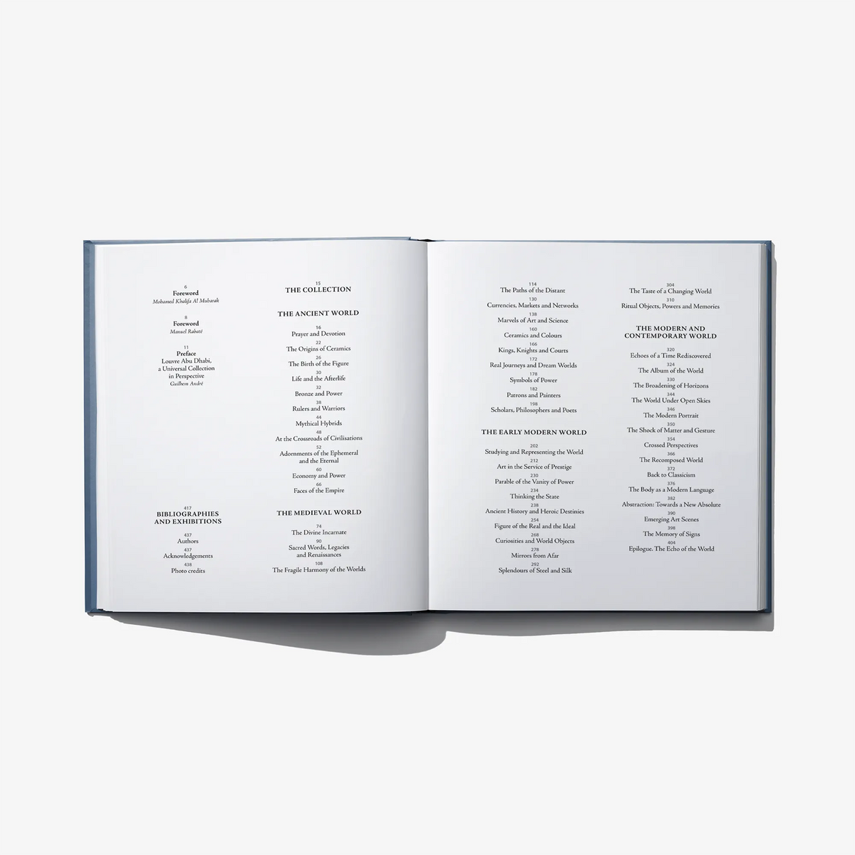 Open book with printed table of contents pages