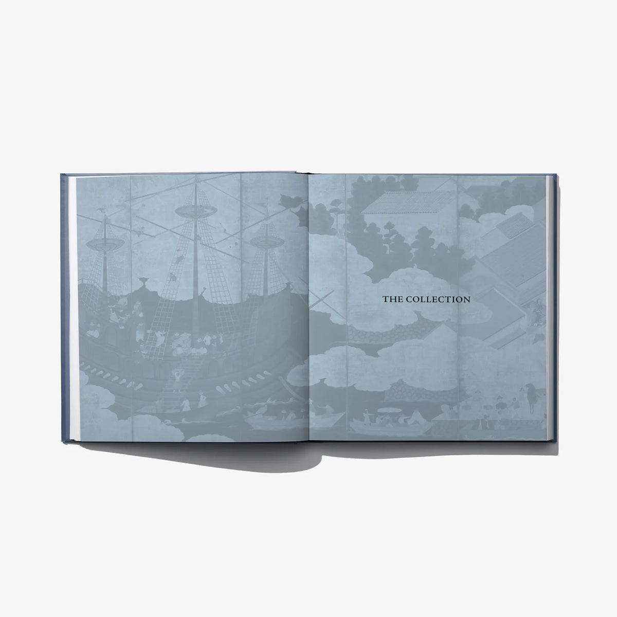Open art book spread with a blue-toned collage and title text on right page