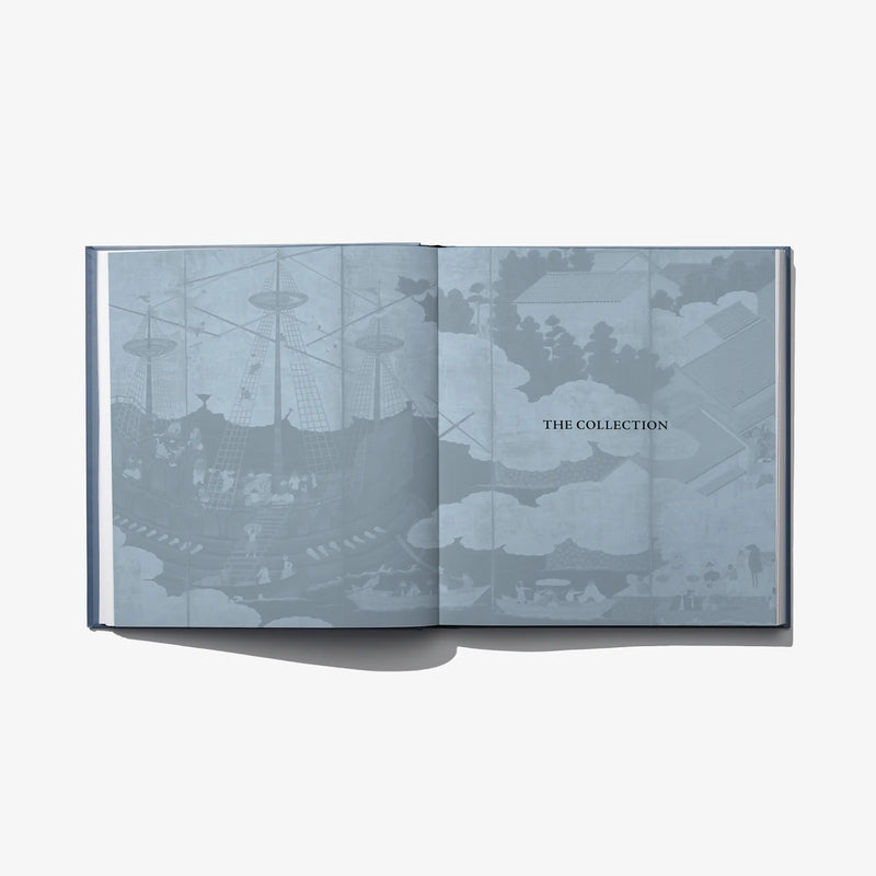 Open art book spread with a blue-toned collage and title text on right page