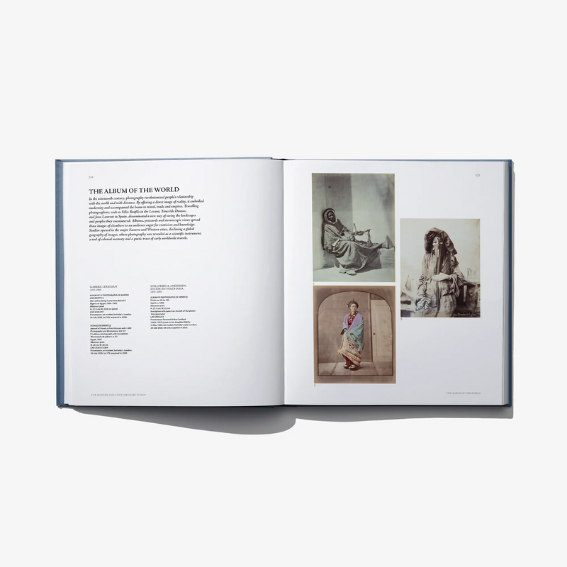 Open art book spread with several vintage-style portraits on right page