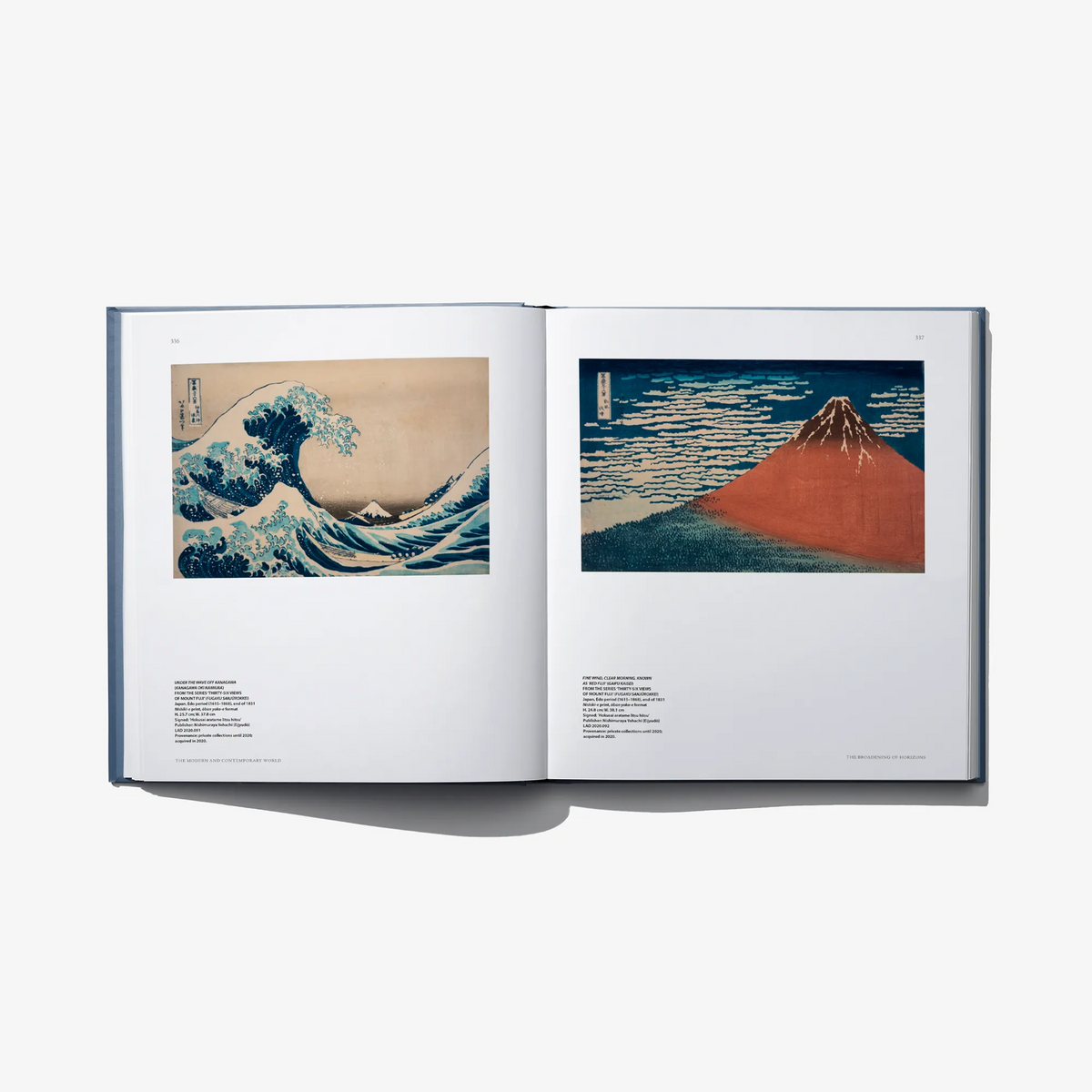 Open art book spread with two landscape artworks on separate pages
