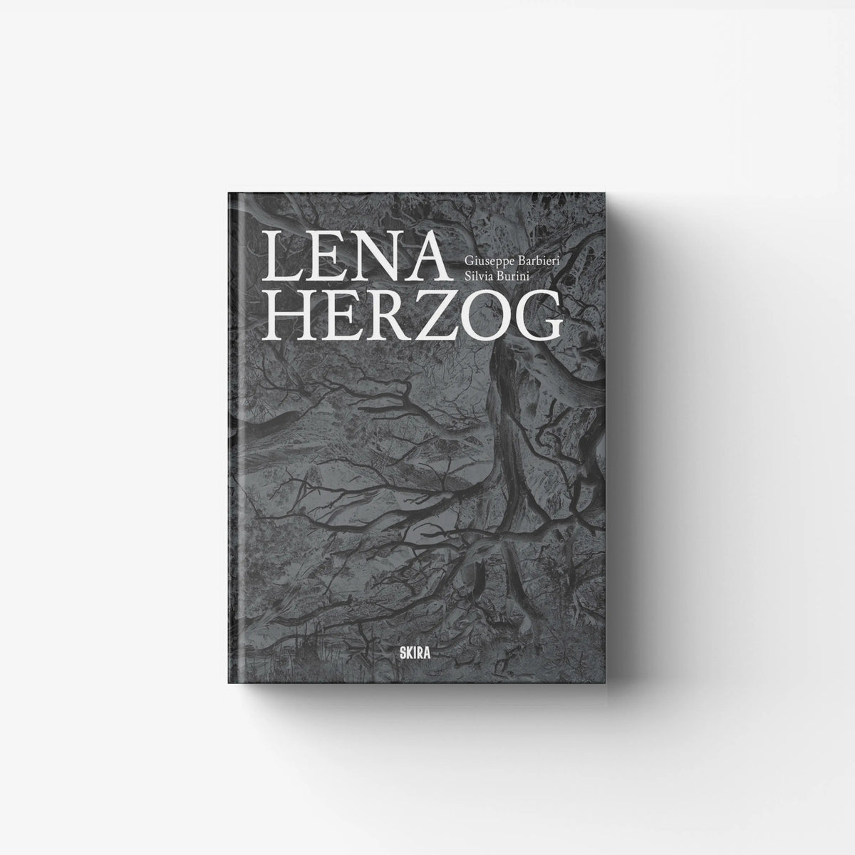 Contemporary art print in black and grey by Skira Arte with tree branches and the title Lena Herzog