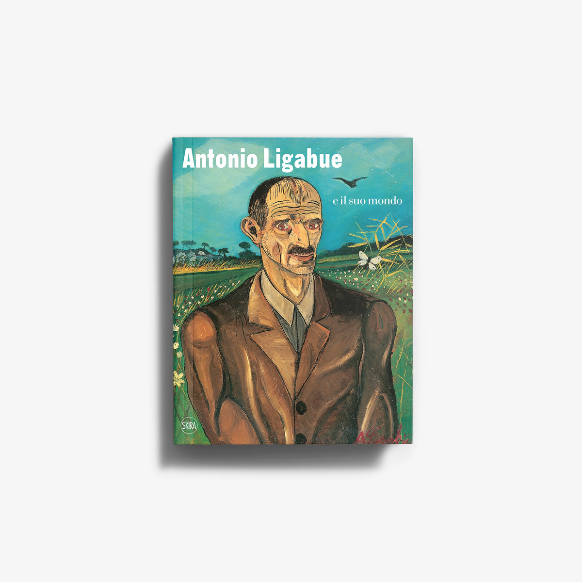 Book cover with portrait of Antonio Ligabue and title on teal background