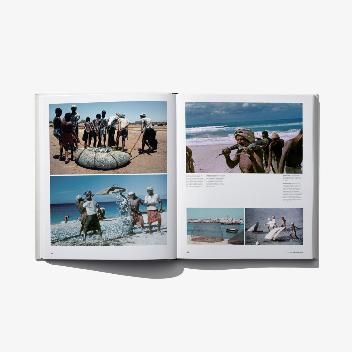 Open book spread with four photos of people with a boat and ocean shoreline