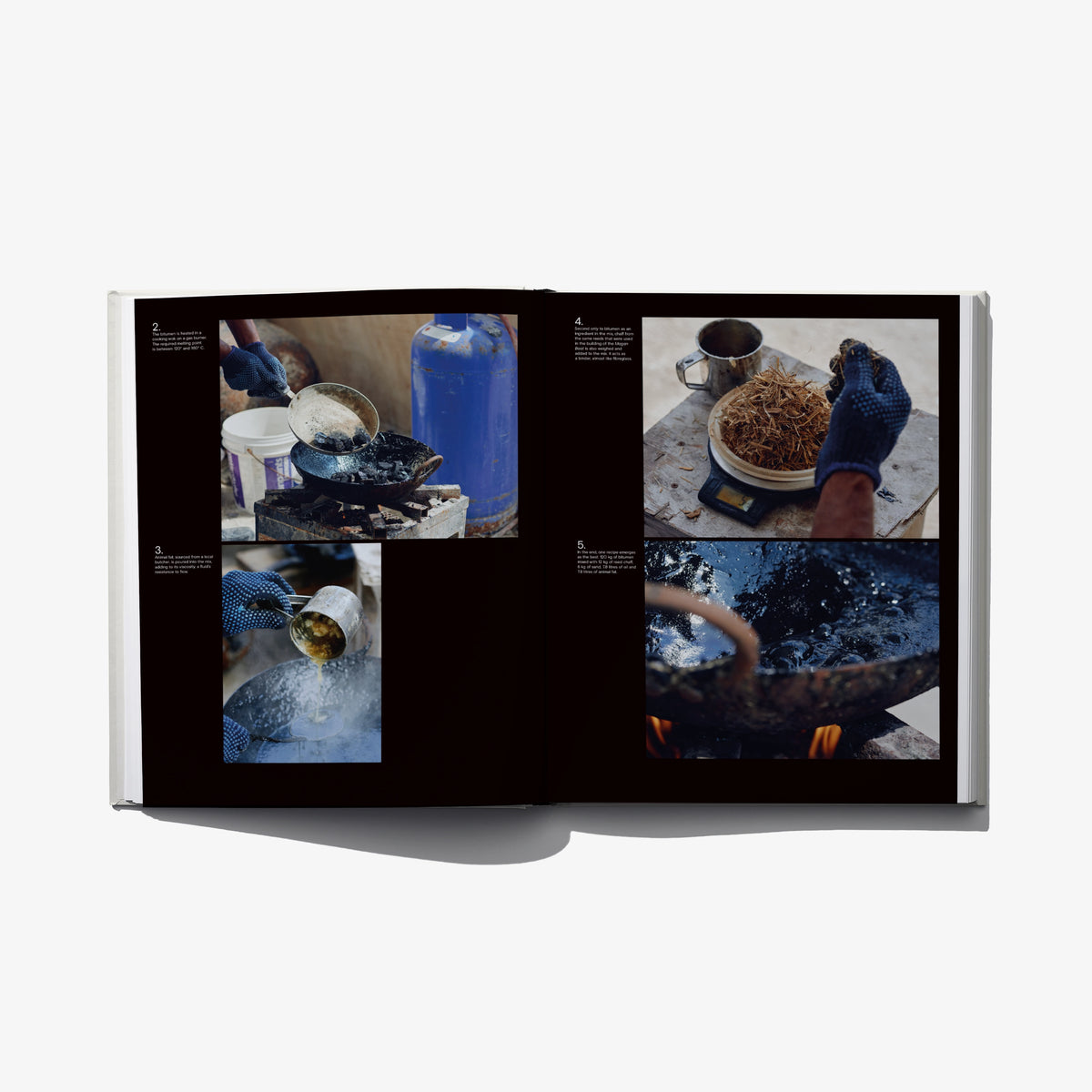 Open book spread with photos of food prep: pots, bowls, and hands working