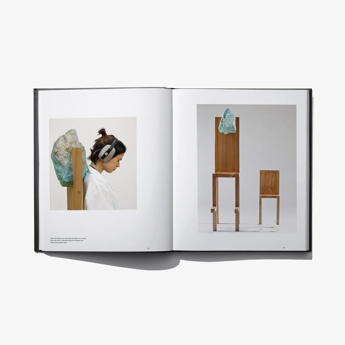 Open photo book spread with a performer portrait and wooden chairs with blue-green textiles.