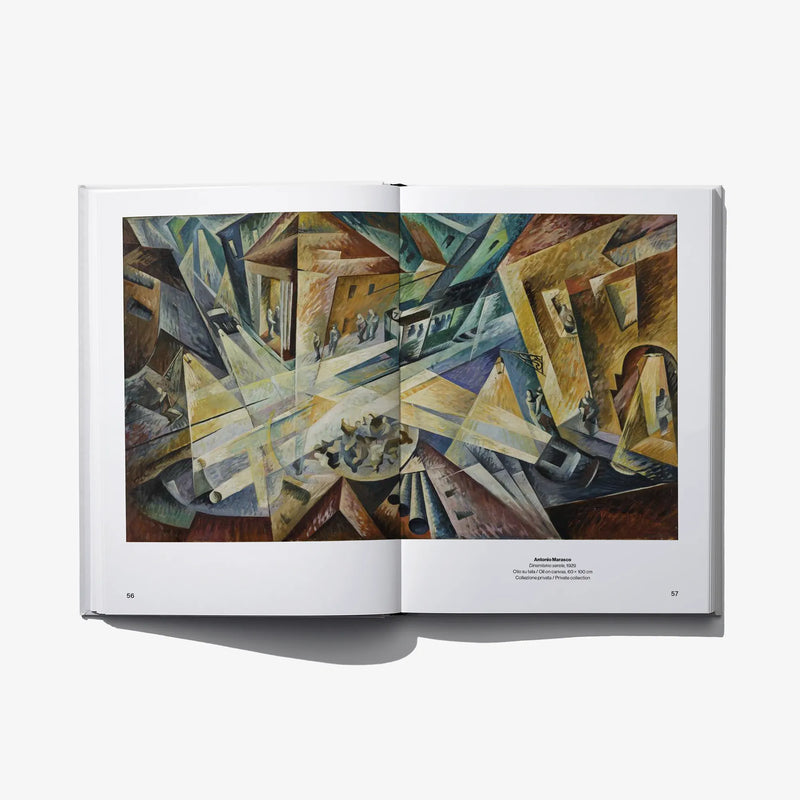 Convergences open spread with large abstract painting in blue, gold, and brown tones