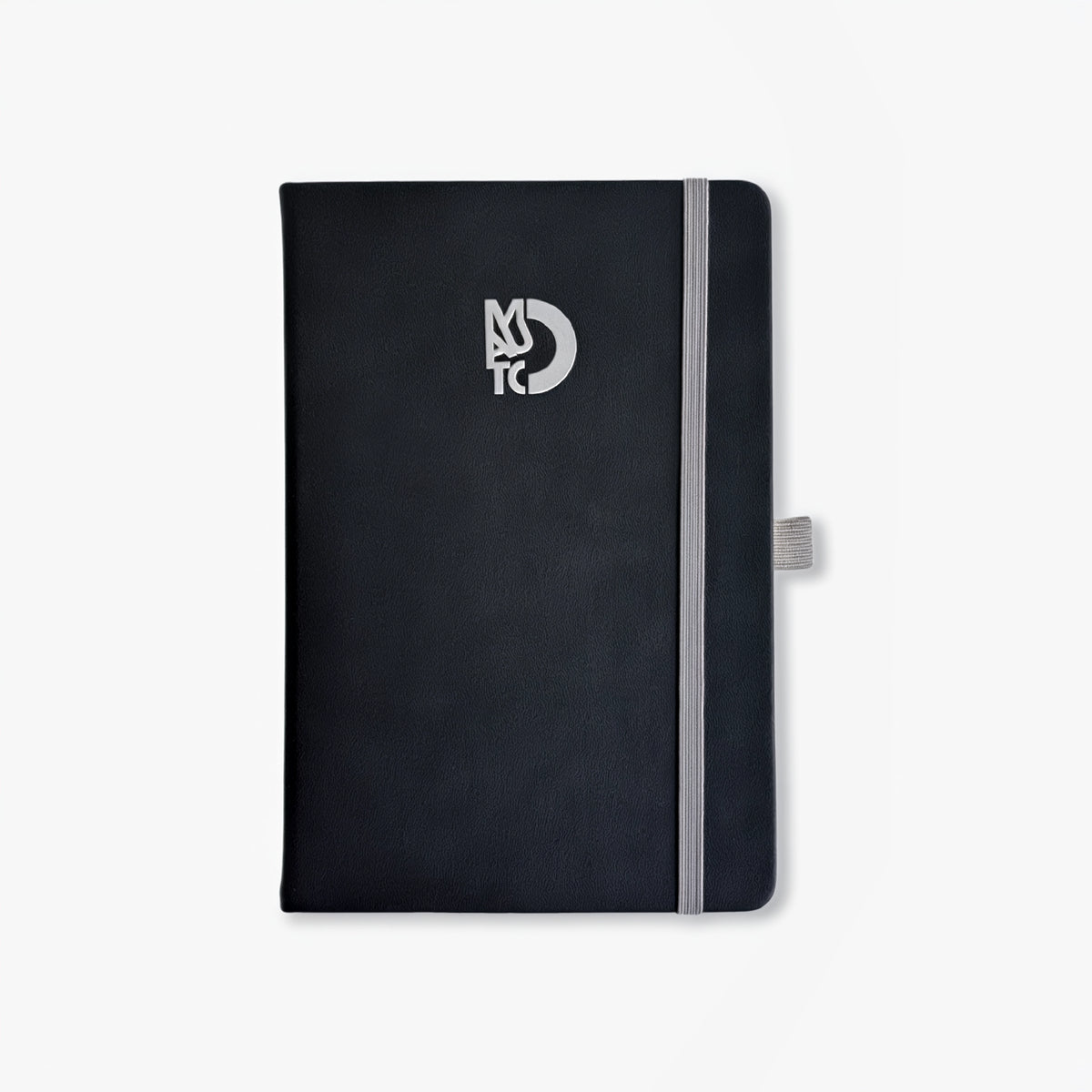 Black bound notebook with MAUTO logo, gray spine, elastic side strap