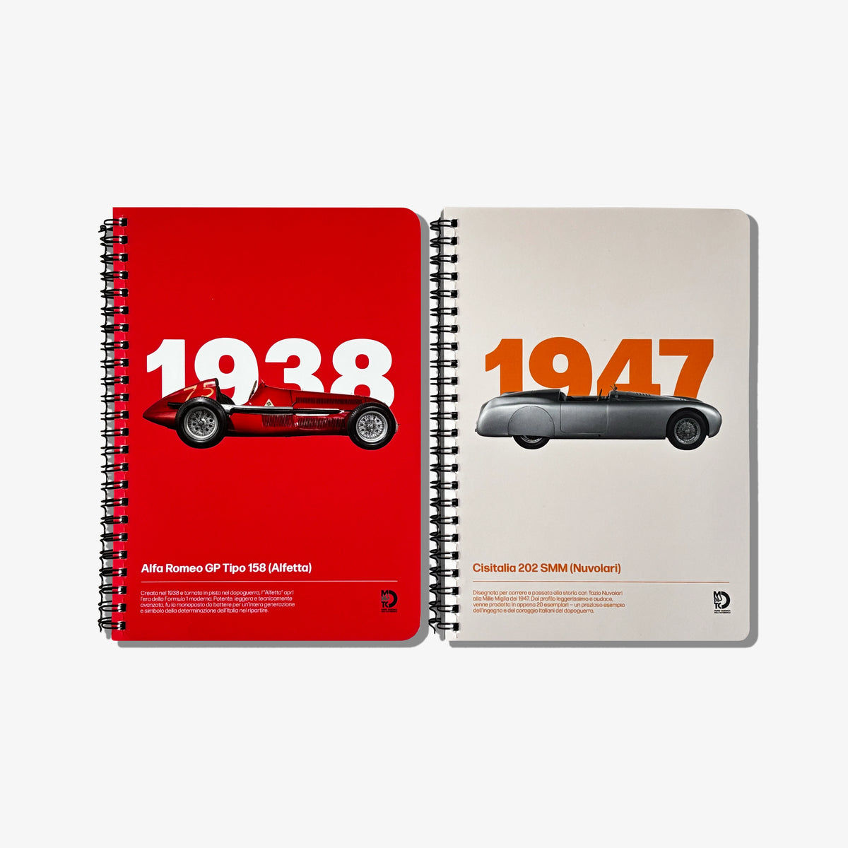 Spiral-bound notebooks with car artwork, 1938 red and 1947 gray covers