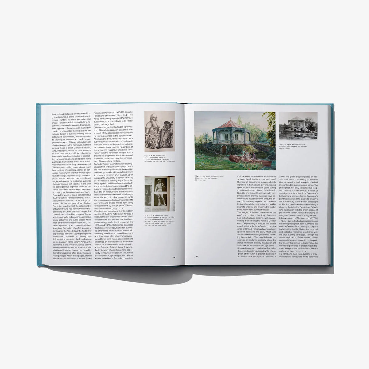 Open art book spread with multiple text columns and small historical image inserts