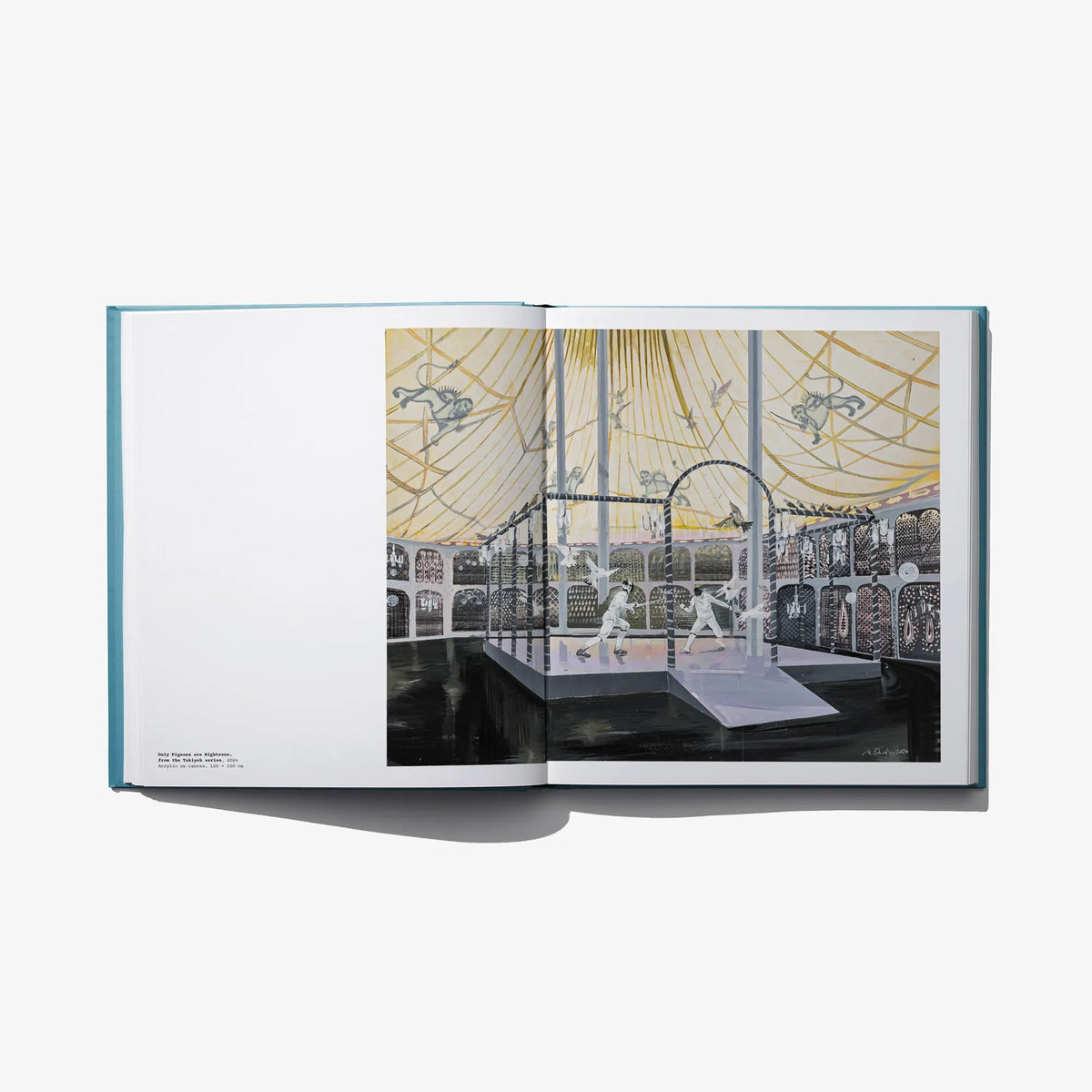 Open art book spread featuring an interior photo across the right page