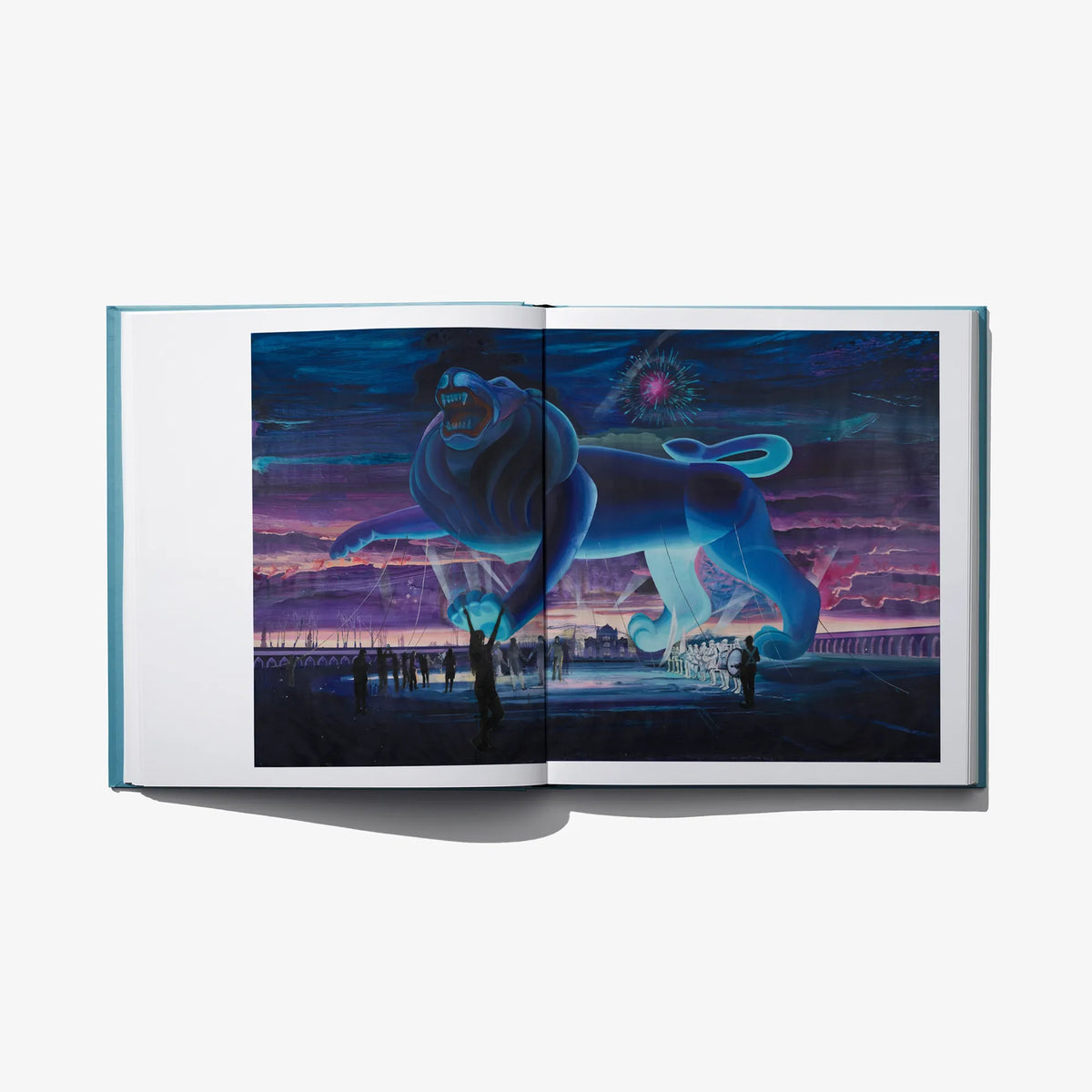Open art book spread with a large blue illustrated figure on the left page