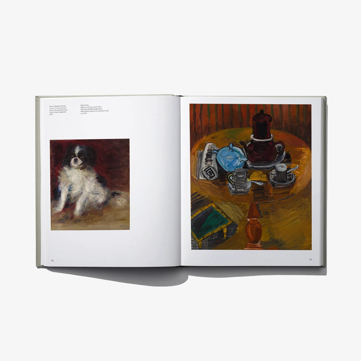Open art book spread with small black-and-white animal image and colorful scene
