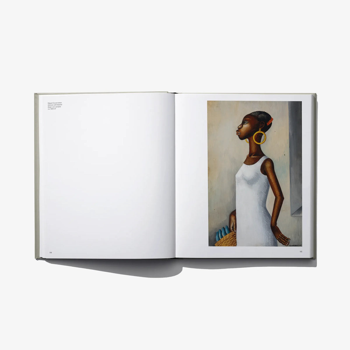 Open art book spread with a portrait painting on the right page