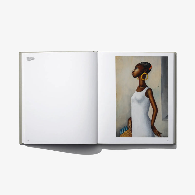 Open art book spread with a portrait painting on the right page