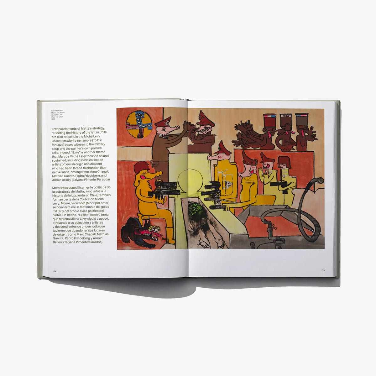 Open art book spread with colorful abstract illustration on the right page