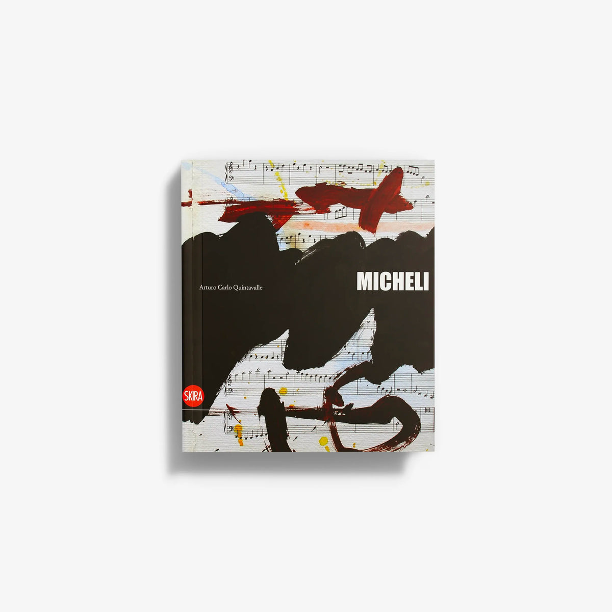 Contemporary art print by Skira Arte with red abstract figures and sheet music, titled Roberto Micheli