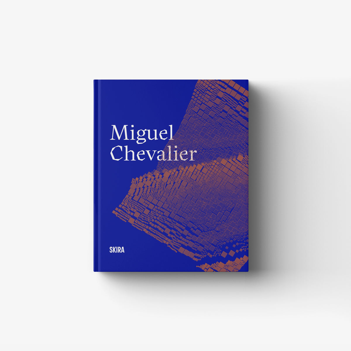 Contemporary art book in blue with Skira Arte, Miguel Chevalier cover and laser-cut and 3D-printed sculpture media