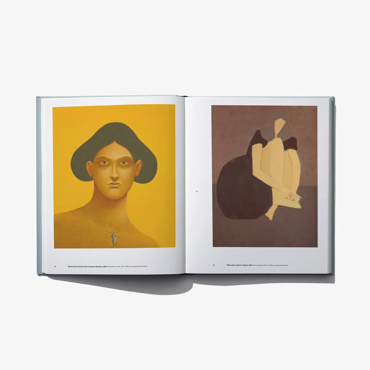 Open art book spread featuring portrait-style illustration on left and hands artwork on right