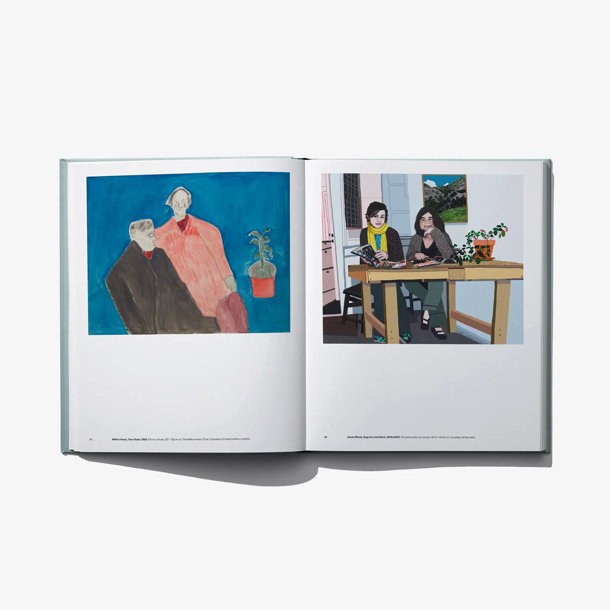 Open art book spread with blue figurative painting on left and two seated figures on right