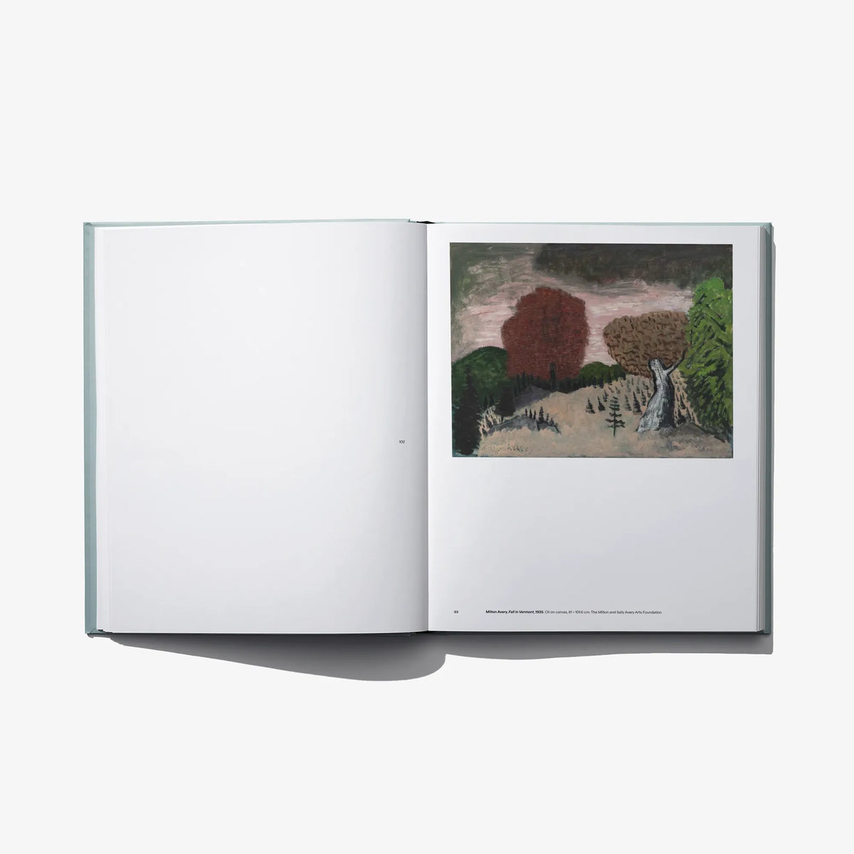 Open art book spread with blank white left page and nature landscape artwork on right
